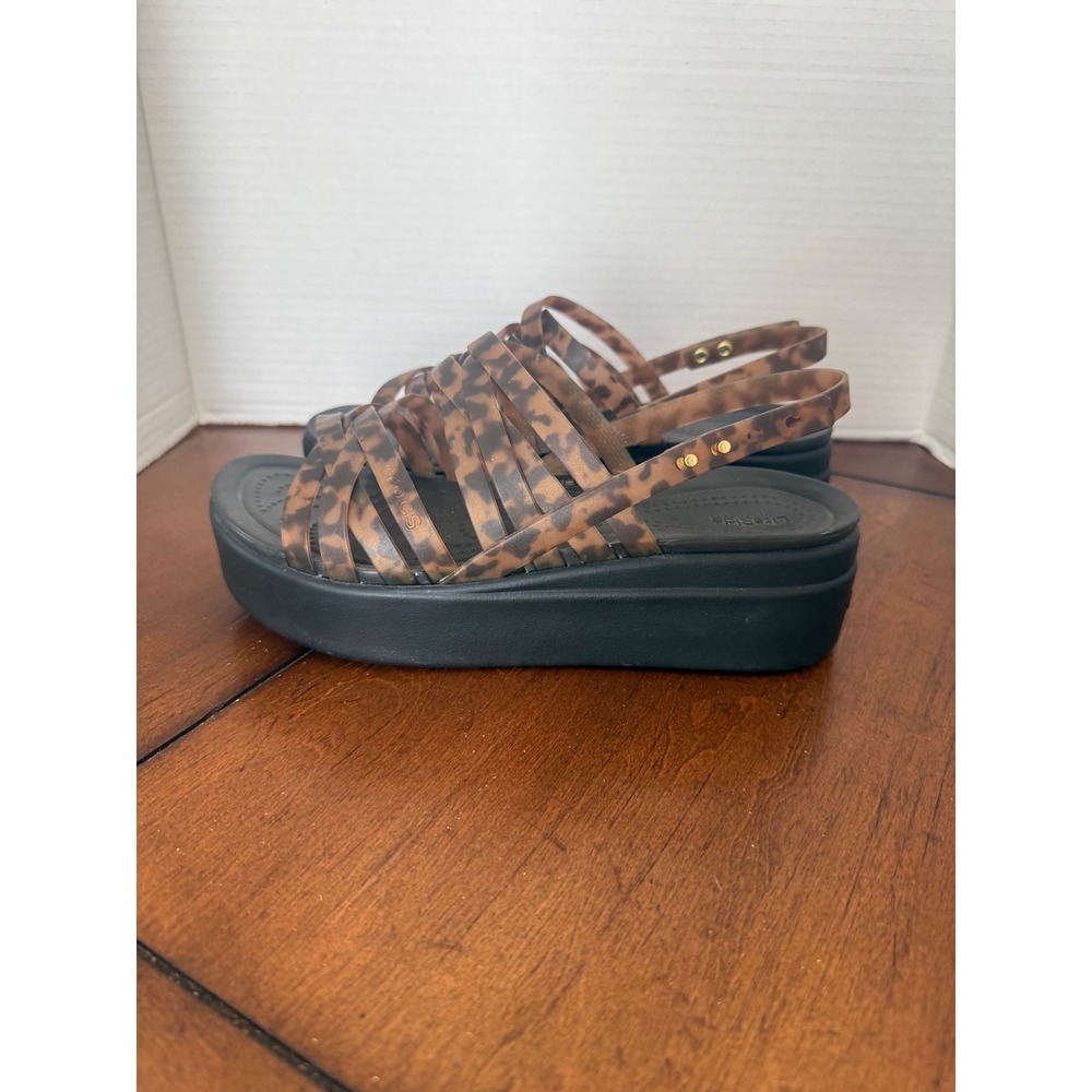 Crocs LiteRide Brooklyn Strappy Wedge Sandals Leopard Tortoise Black Womens 7